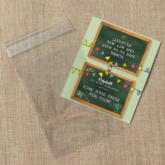 Gastgeschenk Einschulung Tüte transparent + Etikett Hurra Schulkind