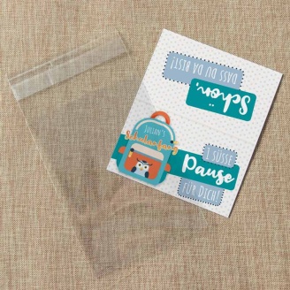Gastgeschenk Einschulung Tüte transparent + Etikett Schulranzen