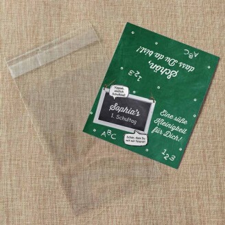 Gastgeschenk Einschulung Tüte transparent + Etikett Schulanfang