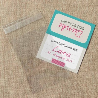 Gastgeschenk Einschulung Tüte transparent + Etikett Schulheft