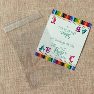 Gastgeschenk Einschulung Tüte transparent + Etikett Stifte ABC