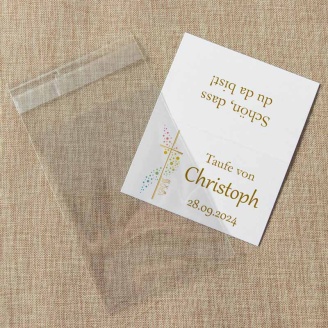 Gastgeschenk Taufe Tüte transparent + Etikett Kreuz mit Symbolen