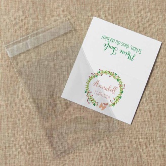 Gastgeschenk Taufe Tüte transparent + Etikett Blumenkranz