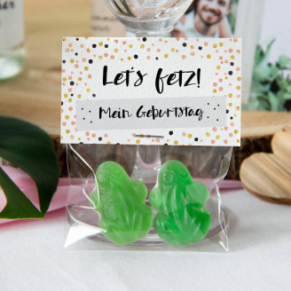 Gastgeschenk Geburtstag Tüte transparent + Etikett Konfetti