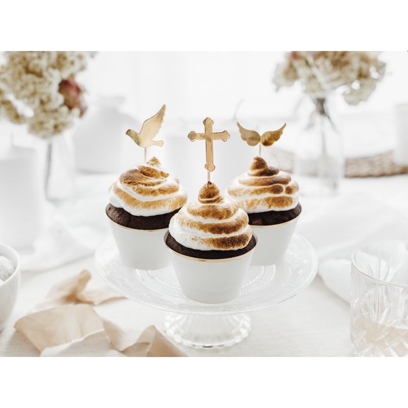 Cupcake Topper Set gold Kreuz, Taube, Flügel 6 Stück