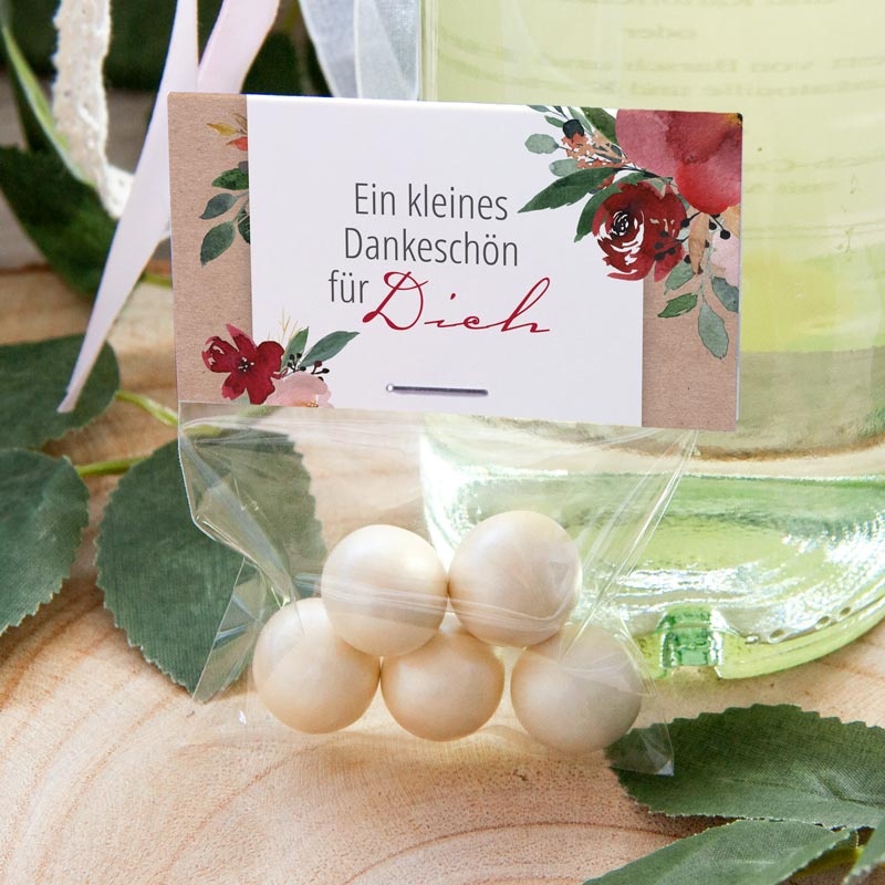 Gastgeschenk Tüte transparent + Etikett Vintage rot Blumen
