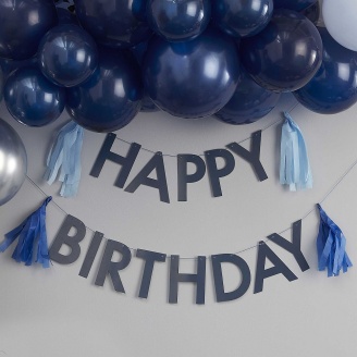 Girlande Happy Birthday dunkelblau mit Tasseln