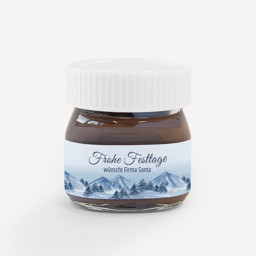 Mini Nutella Glas mit Aufkleber geschäftlich Winterlandschaft Berge
