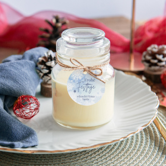 Duftkerze Vanille im Apothekerglas + Anhänger geschäftlich Schneeflocken