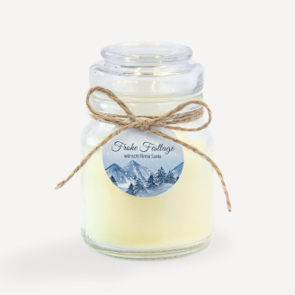 Duftkerze Vanille im Apothekerglas + Anhänger geschäftlich Winterlandschaft Berge