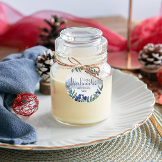 Duftkerze Vanille im Apothekerglas + Anhänger geschäftlich Winterlandschaft