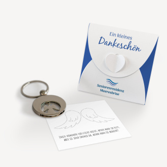 Werbegeschenk Schlüsselanhänger + Einkaufswagenchip im Mini Geschenkumschlag "Wave"