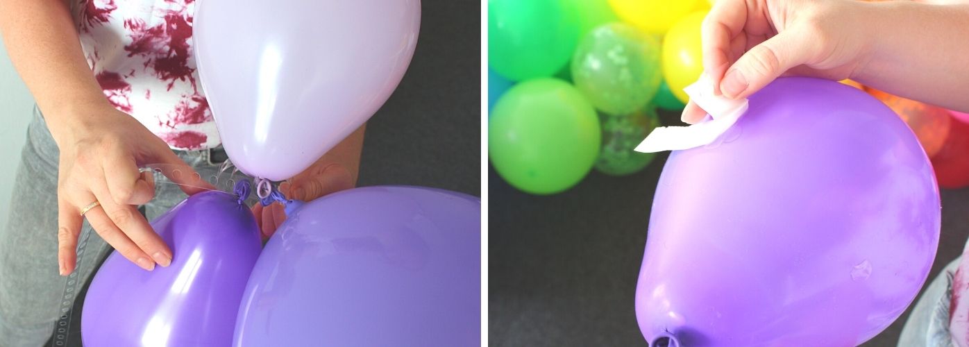 Ballongirlande selber machen: Die aufgeblasenen Ballons werden in das Ballongirlanden Band gesteckt