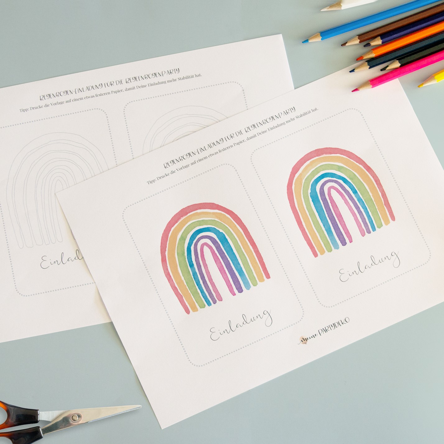 Kostenlose Einladung im Regenbogen Vintage Design zum Downloaden und Ausdrucken